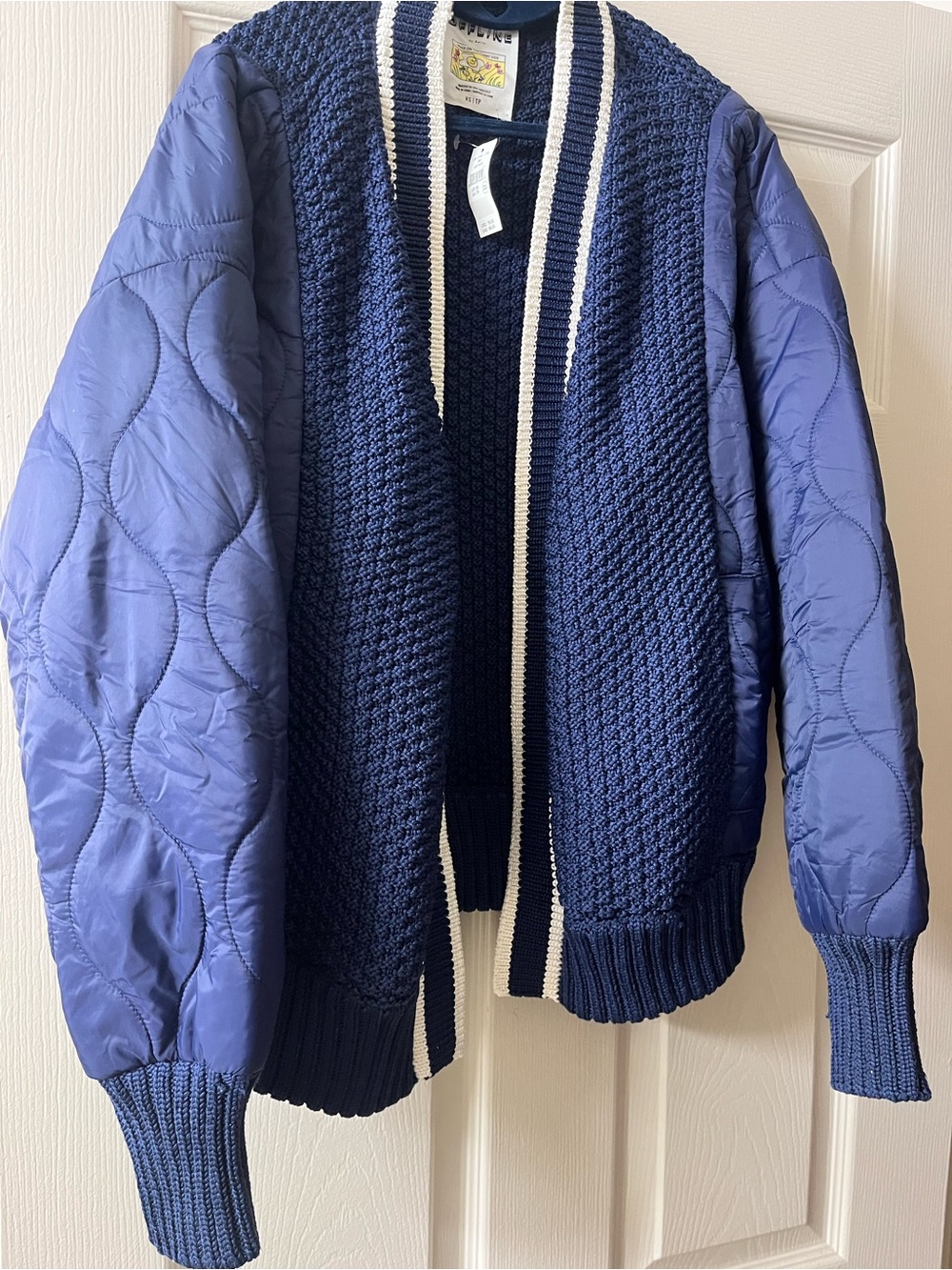 aerie Navy Blue Quilted-Sleeve Bomber Jacket with Cream Trim, OFFLINE